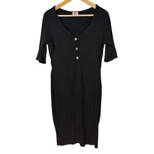 Blue Leopard Black Ribbed V-Neck‎ Sheath Dress Plus Size 1X stretchy belt loops